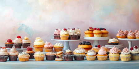 An inviting dessert display featuring an assortment of cupcakes, cookies, and pastries, with a soft pastel backdropの素材
