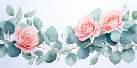 Hand painted watercolor of delicate wild roses and eucalyptus leaves, creating a soft floral arrangementの素材