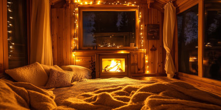 A warm cabin interior with a crackling fireplace, surrounded by twinkling fairy lights and plush blankets, creating a cozy atmosphereの素材
