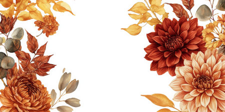 Watercolor autumn floral corner border featuring burnt orange dahlias, roses, and eucalyptus leaves, framed with yellow and terracotta foliage. Rustic fall wedding frame designの素材