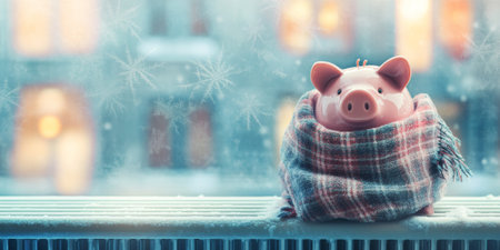 A chilly piggy bank wrapped in a soft plaid scarf, perched on a vintage radiator, with a background of frosted windows, illustrating the impact of heating costs in winterの素材