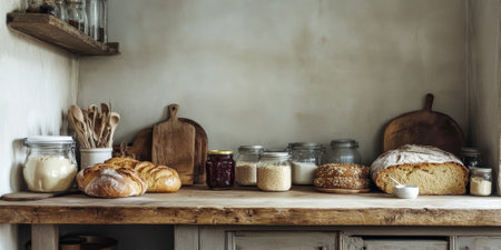 A rustic wooden countertop adorned with freshly baked bread, grains, and a jar of homemade jam, creating a homely feelの素材