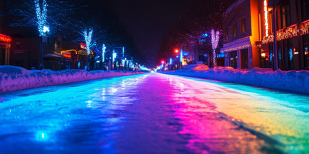 Colorful holiday lights reflecting on a snowy street, creating a magical and inviting atmosphereの素材