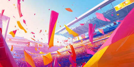 A colorful sports stadium filled with fans waving flags and banners, creating an energetic atmosphere for an eventの素材