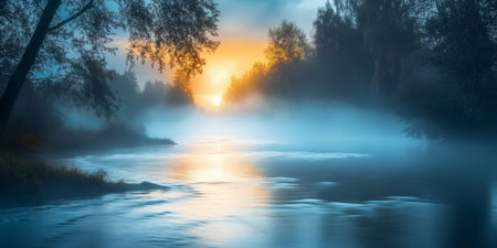 A mysterious foggy river with glowing water, symbolizing the flow of time and the magic of unseen realmsの素材