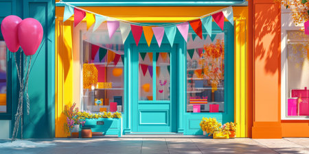 A bright and cheerful storefront decorated with colorful banners announcing a big seasonal sale, attracting customersの素材