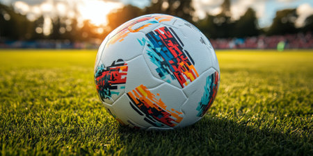 A close-up of a soccer ball on a grassy field, ready for action, evoking the thrill of the gameの素材