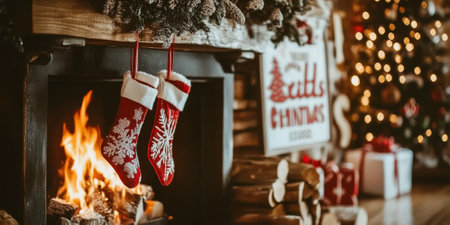 A warm and inviting holiday background featuring a fireplace with stockings and a sign announcing holiday discountsの素材