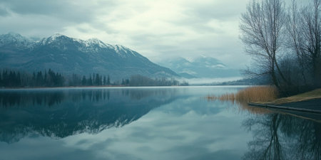 Serene lake reflection background with mountains and trees mirrored in the water, creating a tranquil sceneの素材