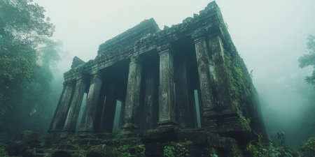 An ancient temple surrounded by mist and overgrown vines, evoking a sense of timeless magic and mysteryの素材