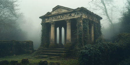 An ancient temple surrounded by mist and overgrown vines, evoking a sense of timeless magic and mysteryの素材
