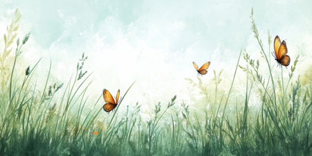 Hand painted watercolor of a peaceful summer meadow with tall grasses and butterfliesの素材