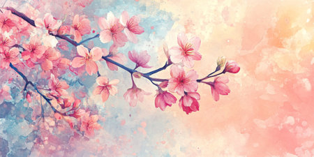Hand painted watercolor of soft pink cherry blossoms on branches against a pastel backgroundの素材