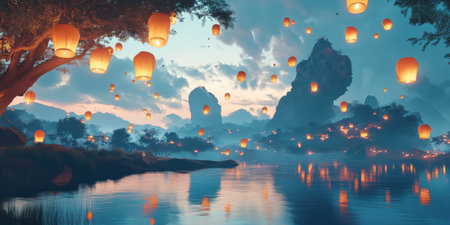 A dreamlike landscape with floating lanterns, symbolizing the magic of time spent with loved onesの素材