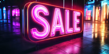 Vibrant neon "SALE" sign with glowing light effects on a dark background, creating a futuristic vibeの素材