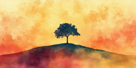 Hand painted watercolor of a lone tree on a hill under a golden sunset skyの素材