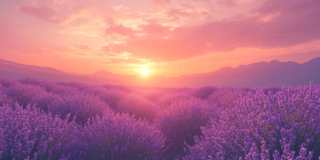 A tranquil field of lavender under a sunset sky, creating a magical and calming atmosphere for reflectionの素材