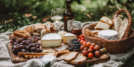 A rustic picnic setup with a blanket, basket, and an assortment of cheeses, fruits, and bread, surrounded by natureの素材