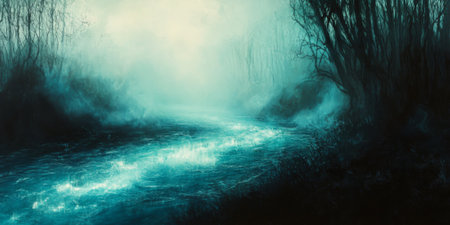 A mysterious foggy river with glowing water, symbolizing the flow of time and the magic of unseen realmsの素材