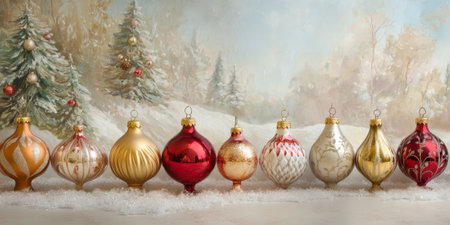 Christmas tree ornaments in various shades of gold and red, displayed on a soft, wintery backgroundの素材