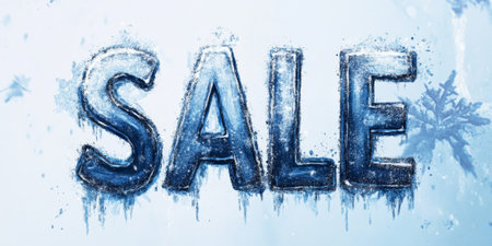 Snowy "SALE" banner with frosty textures and cool blue tones, perfect for a winter saleの素材