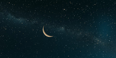Starry night sky background with twinkling stars and a crescent moon, perfect for dreamy and whimsical themesの素材