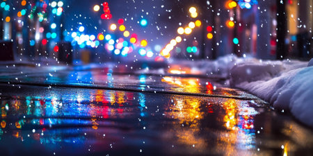 Colorful holiday lights reflecting on a snowy street, creating a magical and inviting atmosphereの素材