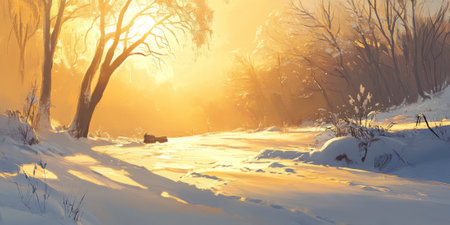 A winter morning scene of a snow-covered landscape bathed in golden sunlight, creating a warm and inviting feelの素材