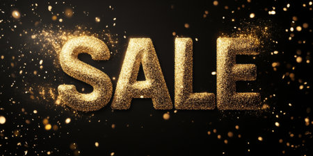 Gold "SALE" text with sparkles on a black background, creating a glamorous look for a luxury eventの素材