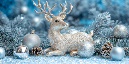 Reindeer figurine with pine branches and ornaments on a frosty blue and silver backgroundの素材