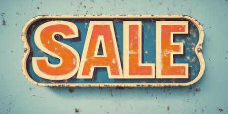 Retro-style "SALE" sign with vintage colors and playful typography, reminiscent of 1950s designの素材