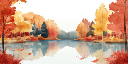Hand painted watercolor of a crystal-clear lake surrounded by autumn trees with vibrant foliageの素材