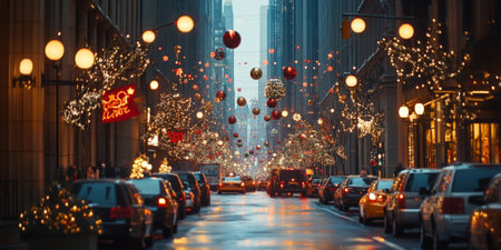 Beautifully lit city street adorned with holiday decorations, creating a festive and welcoming environmentの素材