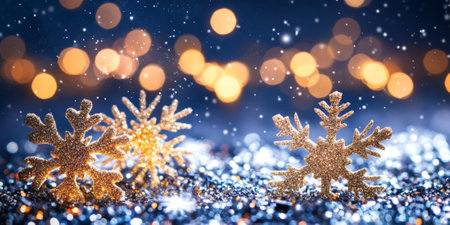 Glittery Christmas background with shimmering snowflakes and glowing bokeh lightsの素材
