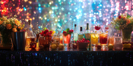A stylish bar setup with colorful cocktails, garnishes, and a backdrop of shimmering lights for a festive atmosphereの素材