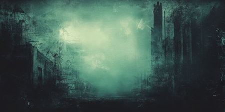 Vintage-style grunge art with dark teal base, layered with hints of soft green light, creating depth and an aged textureの素材