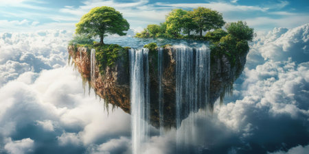 A floating island in the sky with waterfalls cascading down, creating a magical scene that transcends timeの素材