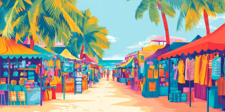 A vibrant beach market setting with stalls showcasing summer sale items, decorated with bright colors and palm treesの素材