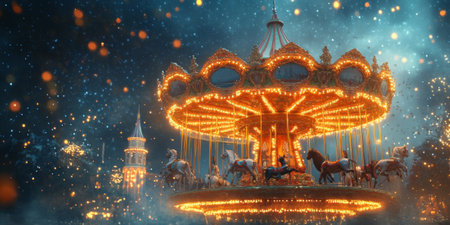 A whimsical carousel spinning under twinkling lights, symbolizing the joy and magic of fleeting momentsの素材