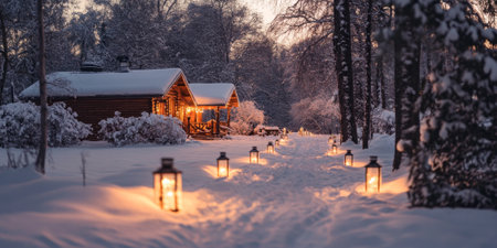 A snowy pathway lined with softly glowing lanterns, leading to a cozy cabin in a winter wonderlandの素材