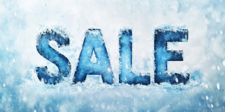 Snowy "SALE" banner with frosty textures and cool blue tones, perfect for a winter saleの素材