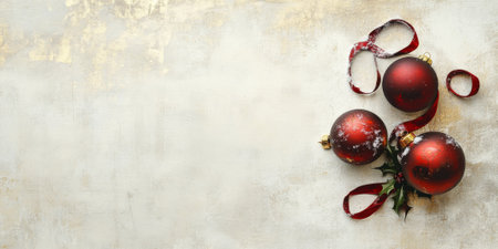 Gold and red ornaments with a holiday ribbon on a vintage snowy backgroundの素材