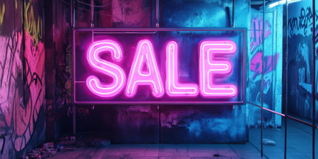 Neon pink and blue "SALE" sign on a graffiti-style background, with a youthful, urban energyの素材
