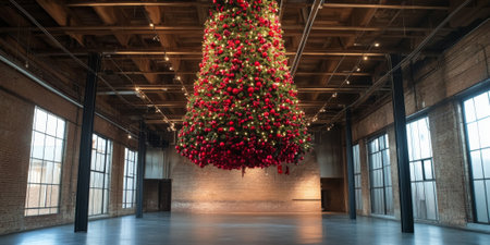 A unique upside-down Christmas tree hanging from the ceiling, creating an eye-catching and festive focal pointの素材