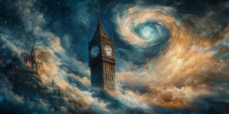 An ethereal clock tower with swirling clouds around it, representing the passage of time in a fantastical settingの素材
