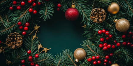 Elegant Christmas wreath adorned with red berries, pine needles, and golden ornaments, perfect for holiday decorの素材