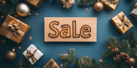A flat stylish lay of seasonal items surrounded by festive decorations and a large "Sale" sign, creating an inviting atmosphereの素材