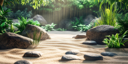 Peaceful zen garden background with rocks, sand, and greenery, evoking tranquility and mindfulnessの素材