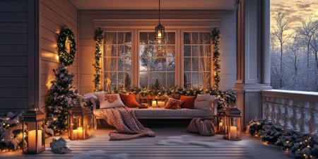 A charming winter porch adorned with evergreen garlands, warm blankets, and lanterns glowing softly in the eveningの素材