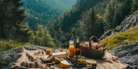 A rustic picnic setup with a blanket, basket, and an assortment of cheeses, fruits, and bread, surrounded by natureの素材